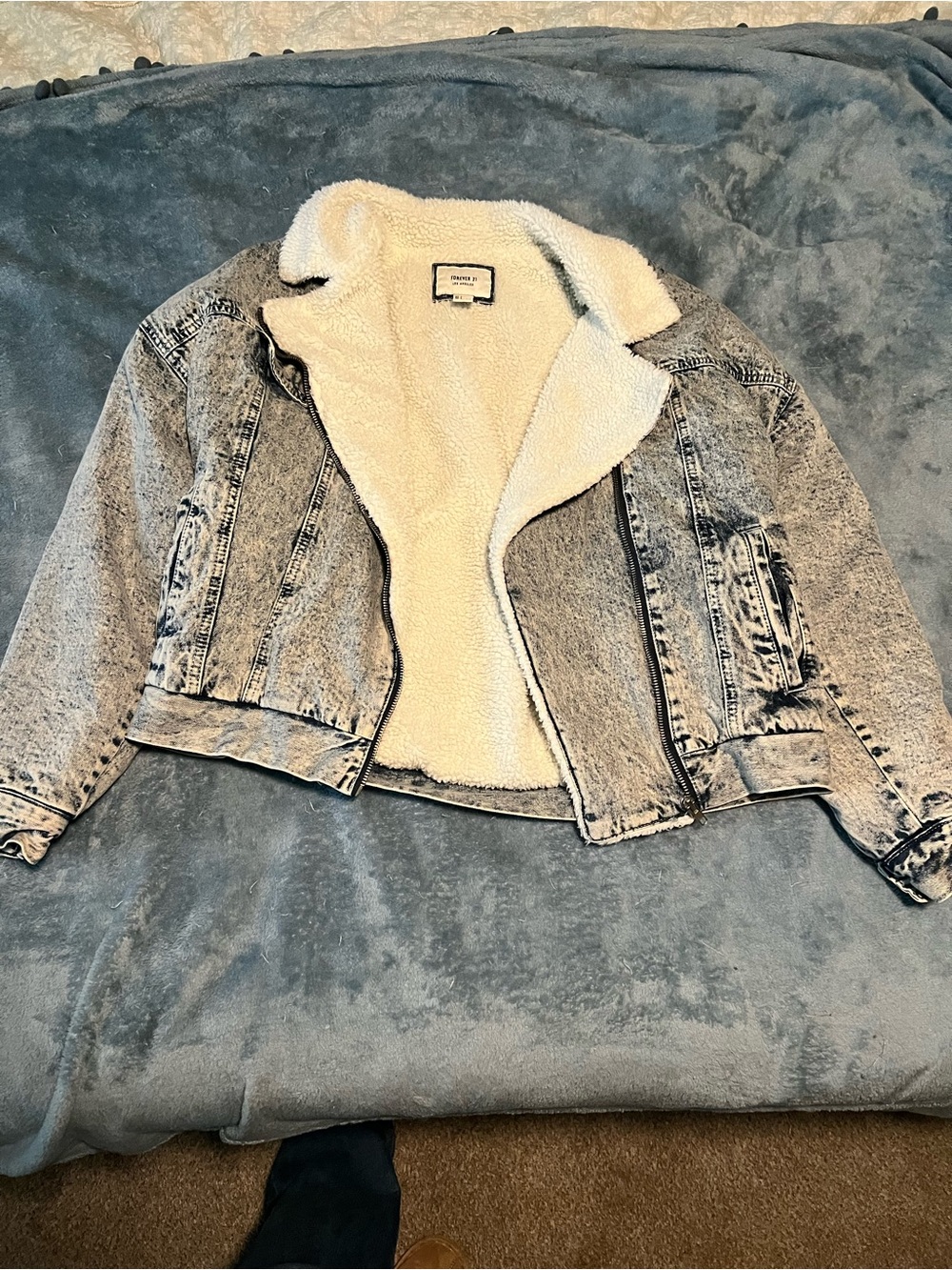 Forever 21 Cream-Lined Acid Wash Denim Jacket